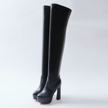 Round Toe Women High Heel Knee High Platform Boots