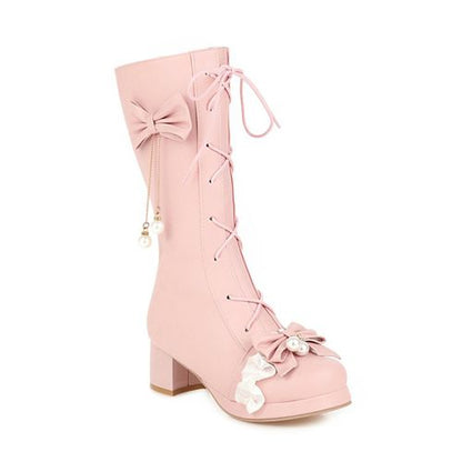 Women Pearl Bow High Heels Mid Calf Boots