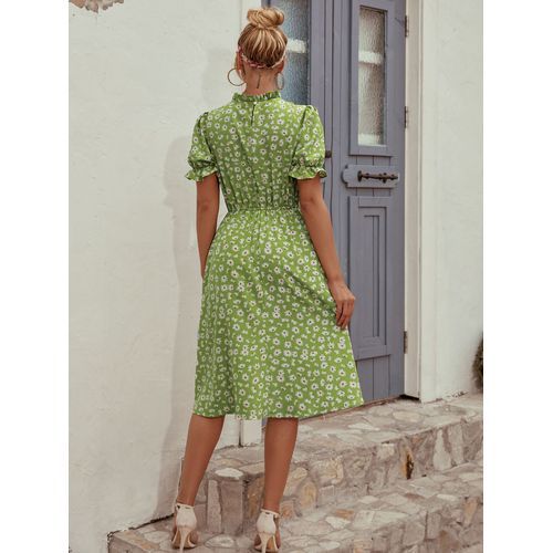 French Style Retro Stand-up Collar Elegant Daily Fashion Floral Beam Waist Flounce Short Sleeve Women's Dresses