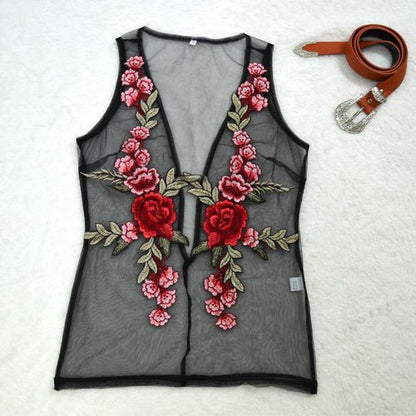 Embroidered Transparent Slings Sexy Deep-v Sleeveless Women Tank Tops