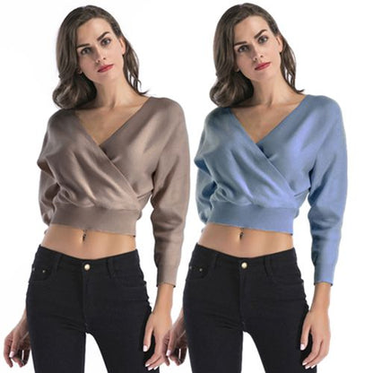 Solid Short Sweater Women Spring New Slim Cross V-neck Knitwear