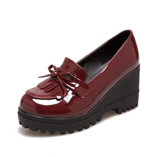 Lady Tassel Patent Leather High-heeled Woman Platform Wedges Shoe