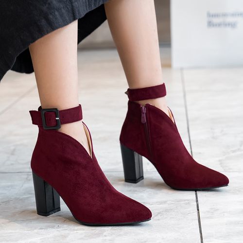 Pointed Toe Buckle Women's High Heeled Chunky Ankle Boots