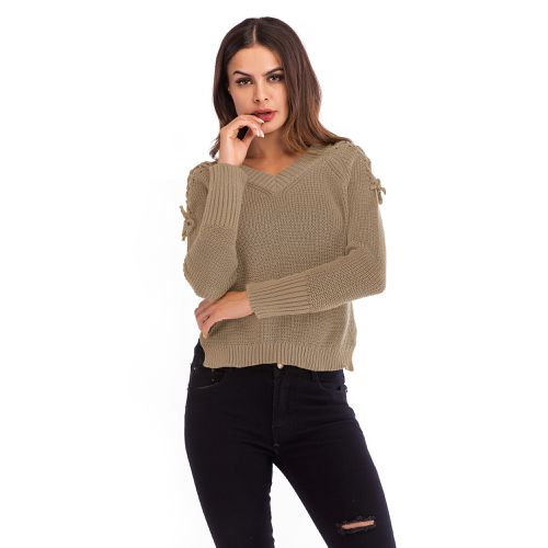 Solid Lace Up Short Sweater Women's Spring Loose Casual V-Neck Sweater