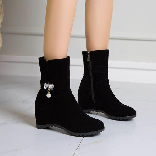Women Bow Tie Pearl Wedges Short Boots Winter Shoes