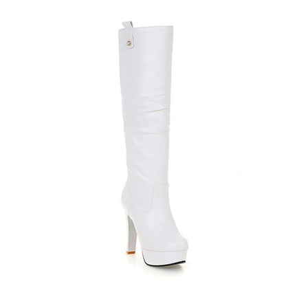 Women PU Leather High Heels Platform Knee High Boots