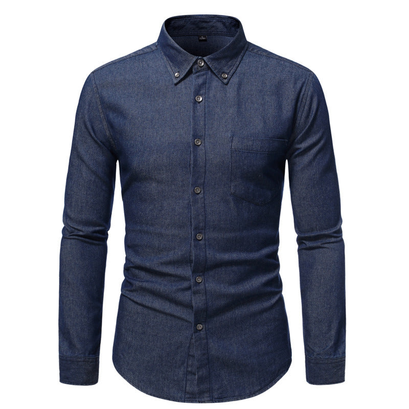Men's Pocket Bleached Effect Turndown Collar Chambray Shirt