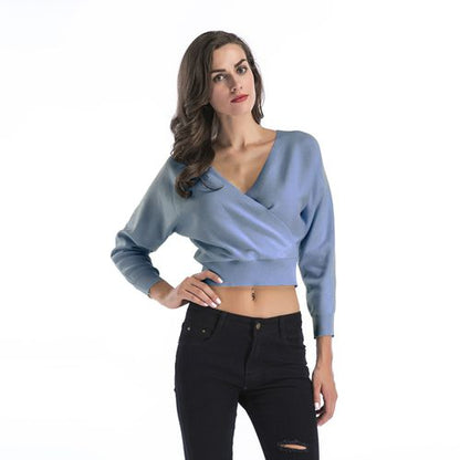 Solid Short Sweater Women Spring New Slim Cross V-neck Knitwear