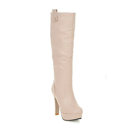 Women PU Leather High Heels Platform Knee High Boots