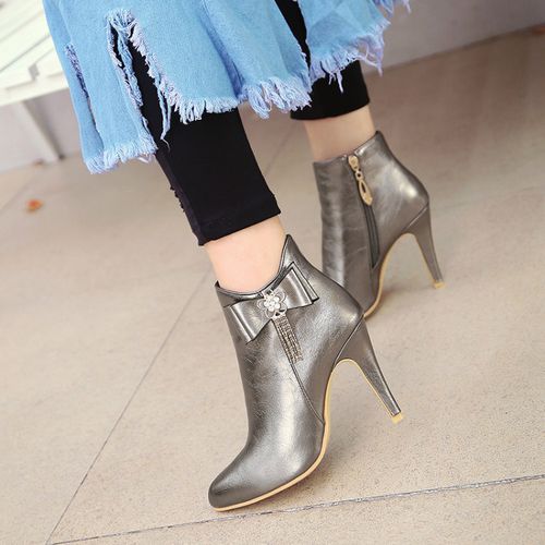 Pointed Toe Zipper Rhinestone Women High Heels Short Boots