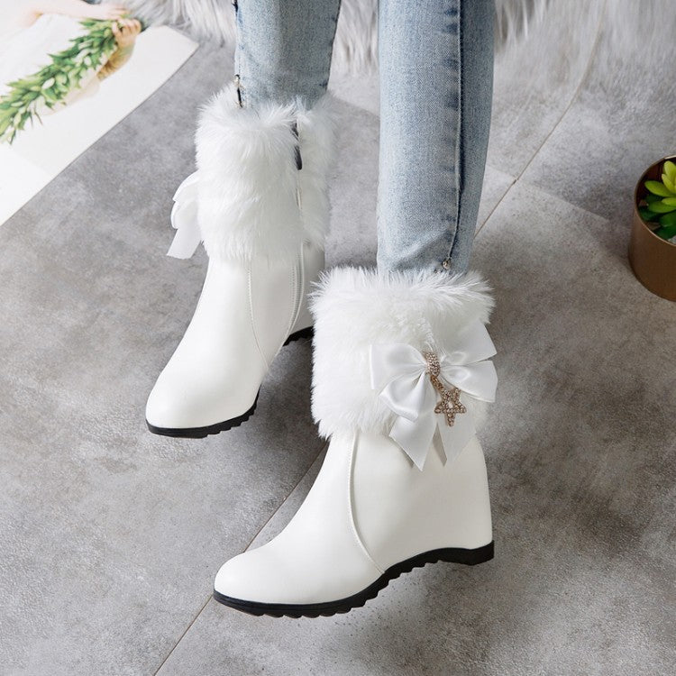 Winter Increased Snow Boots High Heel Zipper Bow Ankle Boots Women's Shoes
