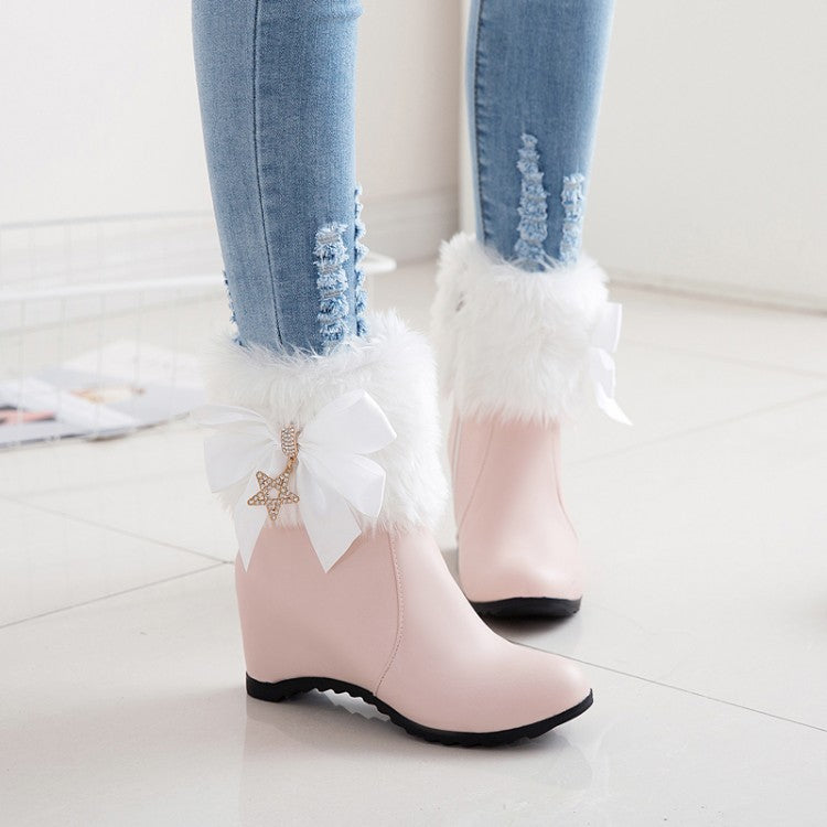 Winter Increased Snow Boots High Heel Zipper Bow Ankle Boots Women's Shoes