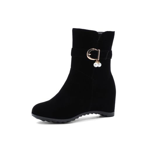 Women Metal Buckle Pearl Wedges Short Boots Winter Shoes