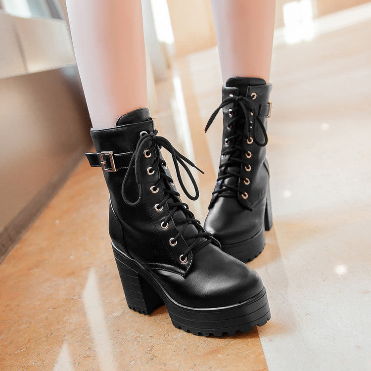 Women Shoes Winter Retro Round Head Thick Heel Lace Up Platform Short Boots