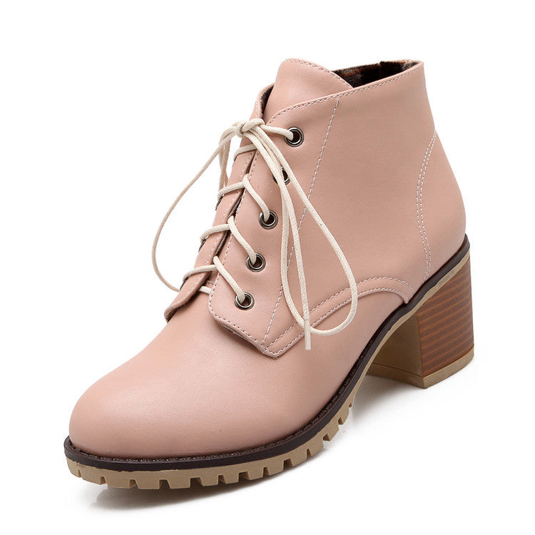 Spring Autumn Winter Short Boots Lace-up Square Heel Ankle Boots Women's Shoes