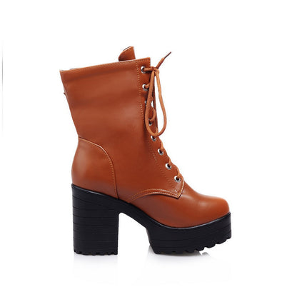 Women Shoes Winter Retro Round Head Thick Heel Lace Up Platform Short Boots