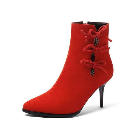 Women Pointed Toe Flower High Heels Short Boots