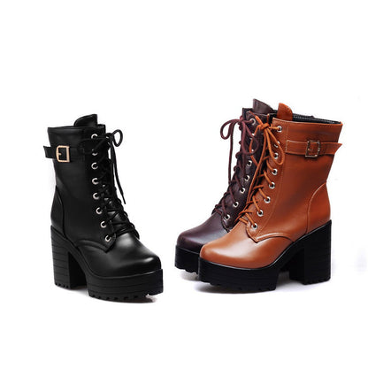 Women Shoes Winter Retro Round Head Thick Heel Lace Up Platform Short Boots