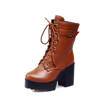 Women Shoes Winter Retro Round Head Thick Heel Lace Up Platform Short Boots