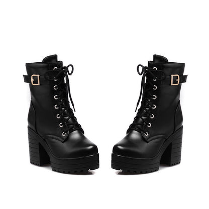 Women Shoes Winter Retro Round Head Thick Heel Lace Up Platform Short Boots