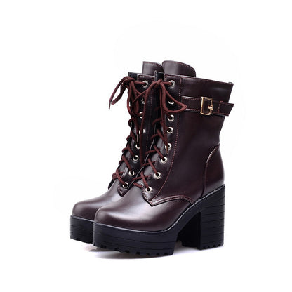 Women Shoes Winter Retro Round Head Thick Heel Lace Up Platform Short Boots