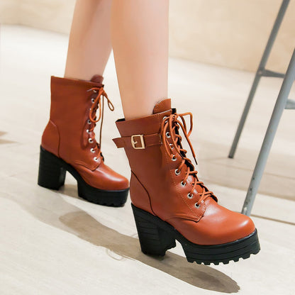 Women Shoes Winter Retro Round Head Thick Heel Lace Up Platform Short Boots