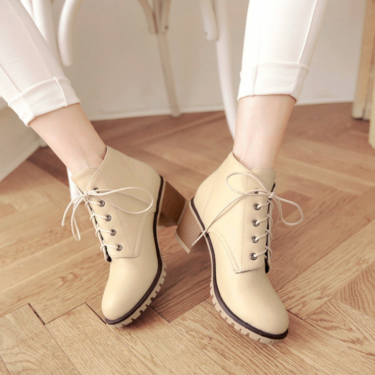 Spring Autumn Winter Short Boots Lace-up Square Heel Ankle Boots Women's Shoes
