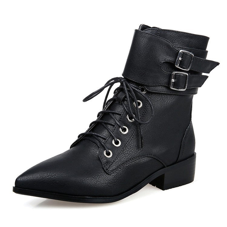 Fall/winter Short Boots Pointed Toe Lace Up Motorcycle Boots Women's Shoes