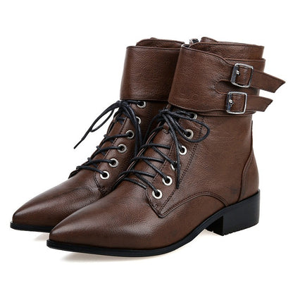 Fall/winter Short Boots Pointed Toe Lace Up Motorcycle Boots Women's Shoes