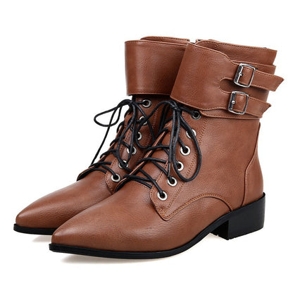 Fall/winter Short Boots Pointed Toe Lace Up Motorcycle Boots Women's Shoes