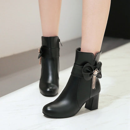 Women's Ankle Boots Fall and Winter Sweet Knot with High Heel Short Boots Shoes