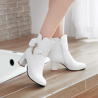 Women's Ankle Boots Fall and Winter Sweet Knot with High Heel Short Boots Shoes