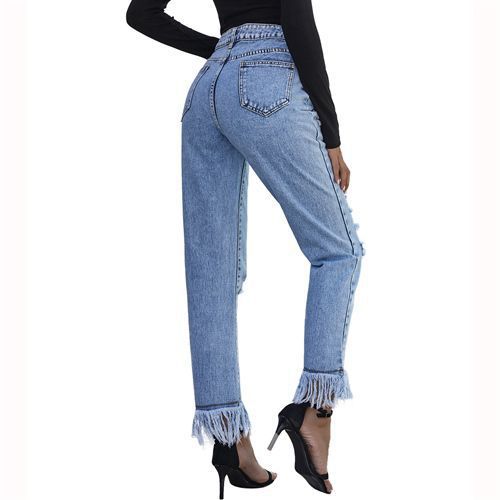 Ins Fashion Washable High Waist Holes Denim Long Women Jeans