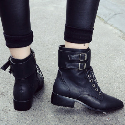 Fall/winter Short Boots Pointed Toe Lace Up Motorcycle Boots Women's Shoes