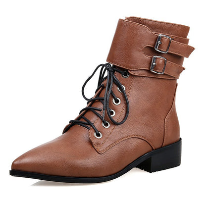 Fall/winter Short Boots Pointed Toe Lace Up Motorcycle Boots Women's Shoes