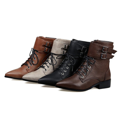 Fall/winter Short Boots Pointed Toe Lace Up Motorcycle Boots Women's Shoes