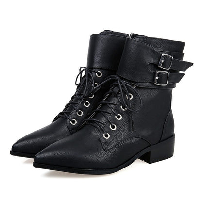 Fall/winter Short Boots Pointed Toe Lace Up Motorcycle Boots Women's Shoes