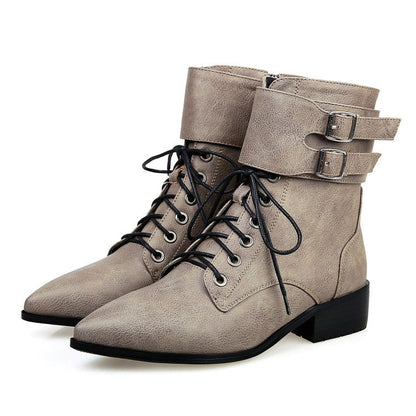 Fall/winter Short Boots Pointed Toe Lace Up Motorcycle Boots Women's Shoes