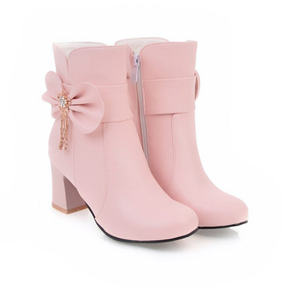 Women's Ankle Boots Fall and Winter Sweet Knot with High Heel Short Boots Shoes