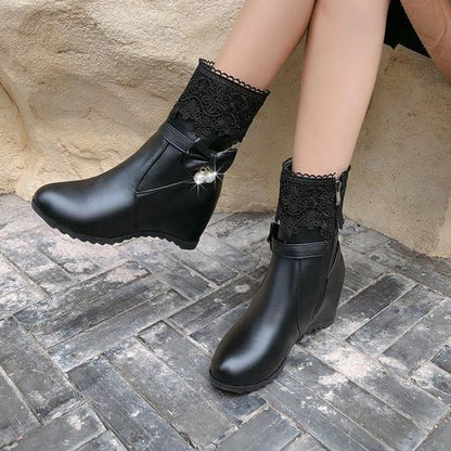 Women Lace Pearl Wedges Short Boots Winter Shoes