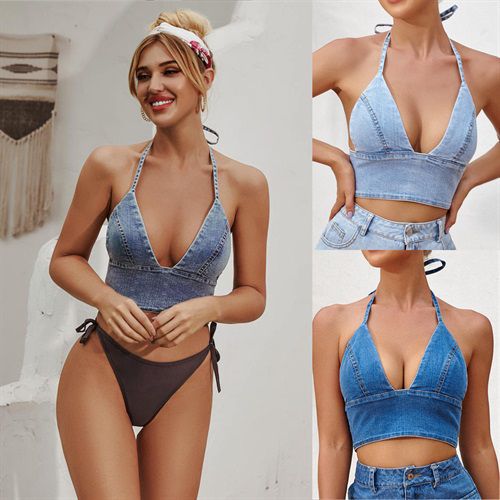 retro Fashion All-matched Slings Halter Tied-band V-neckdenim Women Tank Tops