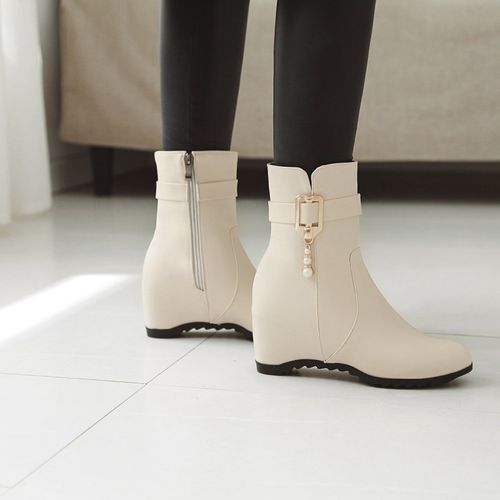 Women Buckle Pearl Wedges Heels Short Boots Winter Shoes