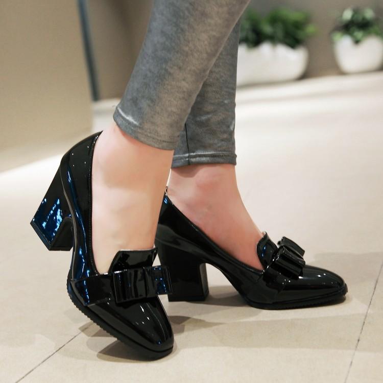 Chunky High Heelss Bow Shallow Toe Women Chunky Pumps Shoes Woman