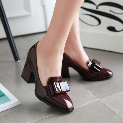 Chunky High Heelss Bow Shallow Toe Women Chunky Pumps Shoes Woman