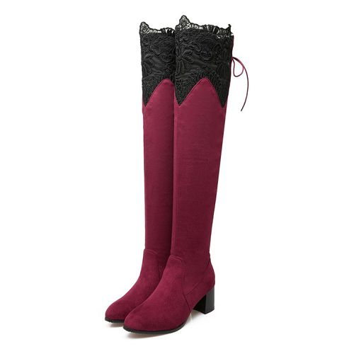 Lace Velvet Women High Heel Knee High Boots