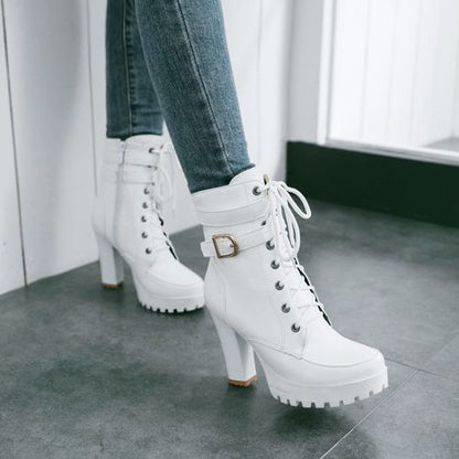 Women's Lace Up Buckle High Heels Platform Short Boots