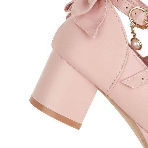 Women Chunky Heel Pumps Mary Janes Shoes with Bowtie Buckle Pearl
