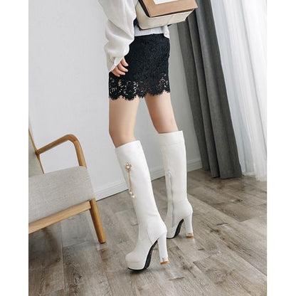 Women Pearl Flower High Heels Platform Knee High Boots