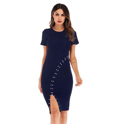 Round Neck Short Sleeve Pin Bead Mid Length Skirt Split Buttock Knitting Women Dresses