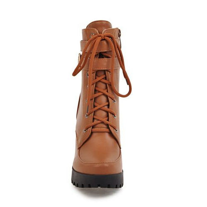 Women's Lace Up Buckle High Heels Platform Short Boots